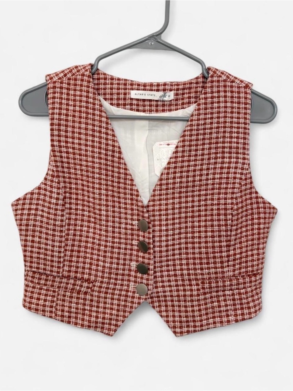 NWT Altard State Rust Gingham Plaid Tweed Vest Medium Fall Layered Elevated Chic